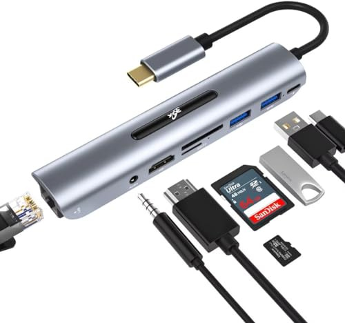 USB-C-Hub,8 Port in 1 Typ-C Hub mit Ethernet-Port,4K-USB-C auf HDMI,USB 3.0/2.0-Ports,SD/TF-Kartenleser,100 W Power Delivery,3.5 mm Klinkenstecker,für Windows,Surface Pro,weitere USB-C Laptops