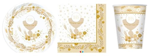 Set 40 Pezzi - Kit Coordinato Tavola Prima Comunione - Colore Bianco e Crema con Calice e Spighe - Decoro Buffet Feste - 12 Piatti in Carta + 12 Bicchieri + 16 Tovaglioli