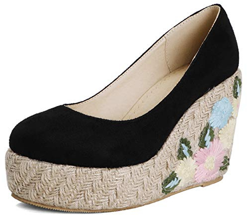 Lizoleor Espadrilles Femme Compensées Plateforme Bout Rond Embroidered
