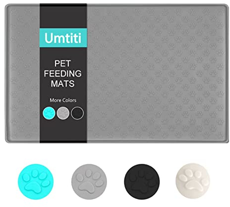 Umtiti Napfunterlage für Hund Katzen （48x30cm,grau）, wasserdichte rutschfeste Silikon Hundenapf Futternapf Matte,wasserdichte Unterlage mit Rand, spülmaschinenfest,M-1pc,grau