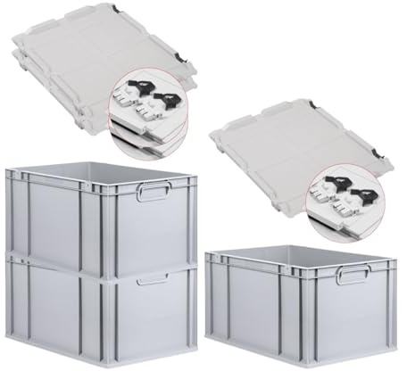 PROREGAL SuperSparSet 3x Eurobox NextGen Economy mit Scharnierdeckel & schwarzen Verschlüssen | Griffe geschlossen | HxBxT 32x40x60cm | 65 Liter | Eurobehälter Transportbox Transportbehälter