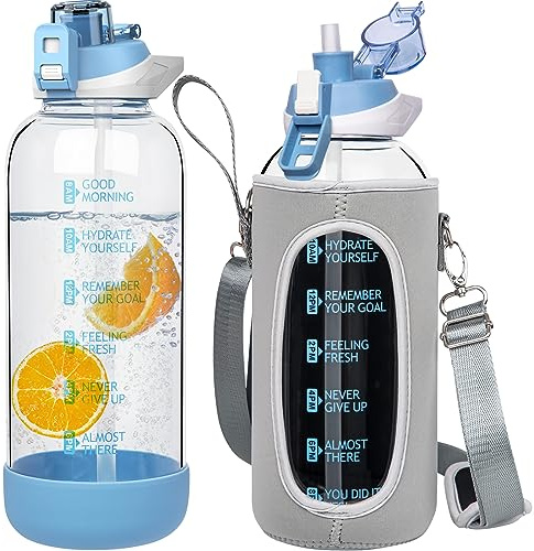 Seekua 1.5 liter Sport Trinkflasche Glas Flasche mit Strohhalm & Zeitmarkierung auslaufsicher bpa frei 1.5l Große Wasserflasche Motivation mit Schutzhülle für Smoothie, Früchte Kohlensäure geeignet