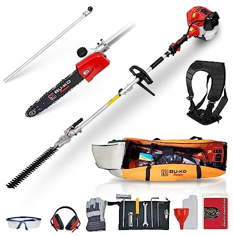 BU-KO Benzin-Heckenschere und Gartensäge mit 52 cc Langer Reichweite, mit 75 cm Verlängerungsstange und Werkzeugtasche für Bequeme Lagerung, Ultimatives Gartenwerkzeug für präzises Schneiden, Trimmen