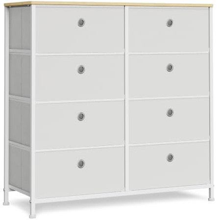 SONGMICS Dresser, Storage Unit with 8 Easy Pull Fabric Drawers, Dresser Drawer, Organizer Unit with Metal Frame, for Closet, Nursery, Cloud White BELLAH Collection LTS024WH01