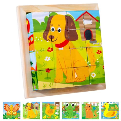 Würfelpuzzle Holz, Holzpuzzle 3D Würfelpuzzle Puzzlespiele 6 in 1 Tier-Motive Puzzle