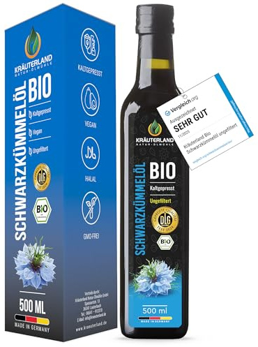 Kräuterland Bio Schwarzkümmelöl kaltgepresst ungefiltert 500ml Glasflasche | 100% Nigella Sativa, hoher Thymochinongehalt, ohne Konservierungsstoffe & Aromen, nativ, vegan, mühlenfrisch & unraffiniert
