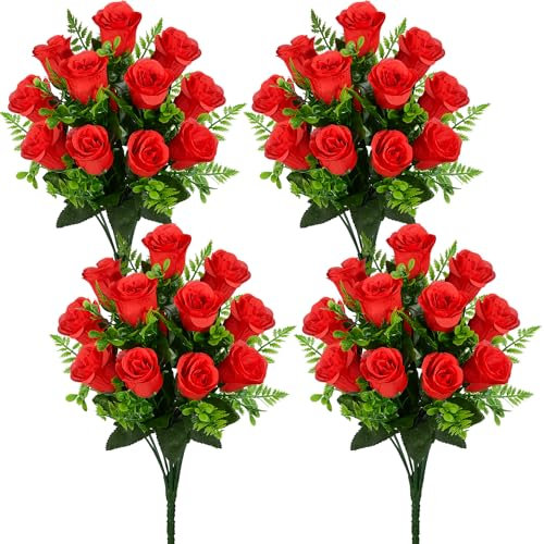Künstliche Rosen Blumen realistische Seide Rose gefälschte Blumen für Hochzeit nach Hause Tafelaufsätze Partei Friedhof Grab Dekoration (4 Stück, Rot)