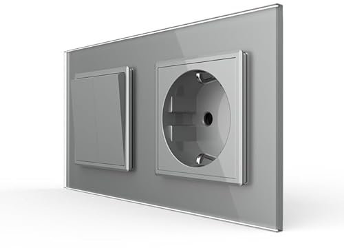 LIVOLO doppelter Wipp Serienwechselschalter Lichtschalter mit Schuko Steckdose für Unterputz Einbau Serien Wechsel Schalter VL-C7-K2S/C1EU-15 in Grau im Glasrahamen Wandschalter Einbausteckdose