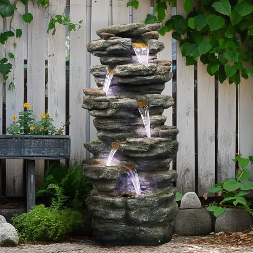 SunJet 40 High 6-Tiers Cascading Rock Outdoor Water Fountain with LED Lights - Large Outdoor Fountains and Waterfalls for Garden or Patio, Yard, and Deck Decor, Featuring Natural Stone Look