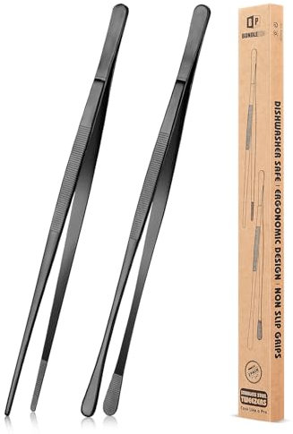 2 Stück 30,5 CM Küchenpinzette Feine Pinzettenzange, Professionelle lange Kochpinzette aus Edelstahl für BBQ, Meeresfrüchte, Reparieren und Servieren (SCHWARZ)