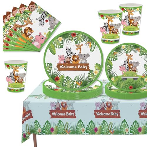 Juego de 69 piezas de vajilla para fiesta de animales, platos de papel, servilletas, tazas, mantel para cumpleaños infantiles, baby shower, decoración para 16 invitados