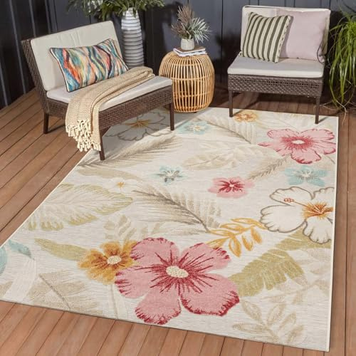 Taracarpet In & Outdoor Teppich Wetterfest Wohnzimmer Balkon Küchenteppich Terrassenteppich Flachgewebe mit Muster Blumen floral Creme grau 240x340 cm