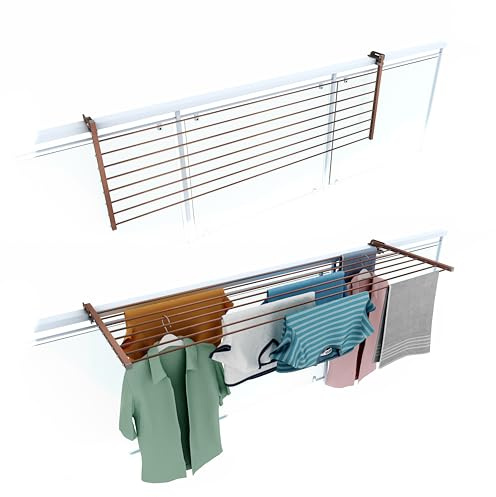 foxydry Duo, tendedero de barandilla y balcón, Plegable, 162 cm | de aluminio y acero inoxidable, abatible, antióxido, ahorra espacio, para exterior y terraza, soporta 15 kg, marrón