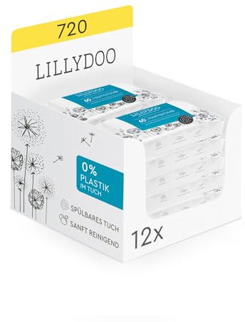 LILLYDOO Feuchte Toilettentücher, 720 Stück (12 x 60), 100% plastikfreies, spülbares Tuch, ohne Parfüme