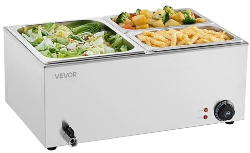 VEVOR Réchauffeur alimentaire commercial à 3 poêles, table à vapeur électrique de 24 QT, comptoir professionnel de 1200 W, en acier inoxydable avec contrôle de la température de 30 à 85 °C, pour