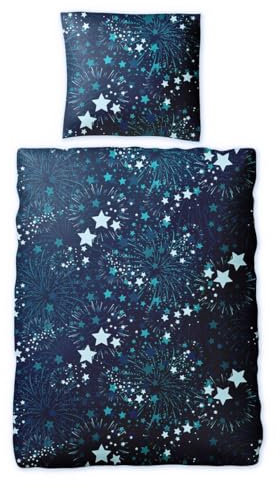 JACK Biber Bettwäsche 2 TLG. 135x200cm Stern Feuerwerk Sternenhimmel Blau Baumwolle Weich Kuschelig