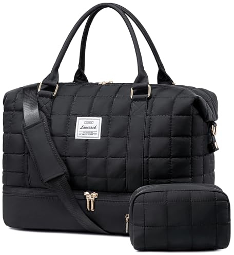 LOVEVOOK Travel Bags for Women, Lightweight Puffer Weekend Overnight Holdall Duffel Hospital Maternity Gym Bag, Carry On Hand Luggage Womens Flight Bag with Shoe Compartment, Black
