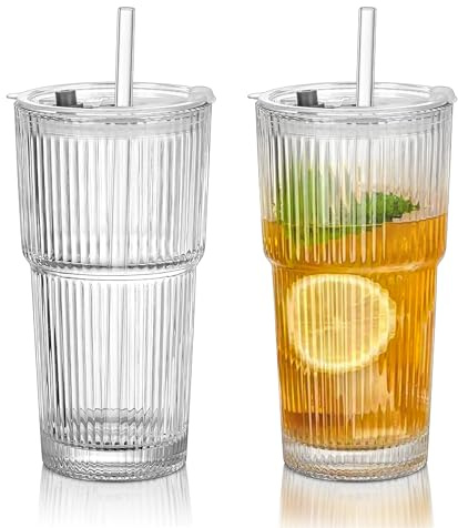 2 Stück 600ml Glasbecher mit Deckel und Strohhalm, Dickwandige und Langlebige Trinkbecher Aus Hochwertigem Glas, Luftdichte und Auslaufsicherem Design, für Eiskaffee, Bubble Tea, Smoothies und Mehr