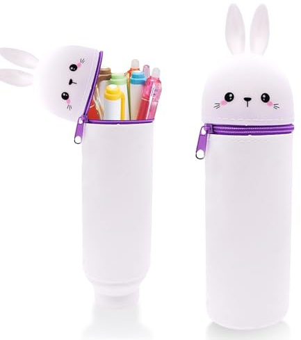 Wydexint Kawaii Federmäppchen, Mäppchen, 2-in-1 Weiche Silikontasche,Stand Up Federmäppchen, Tier Stifthalter, Cartoon Bleistifthalter Für Mädchen Und Jungen (Weißes Kaninchen)
