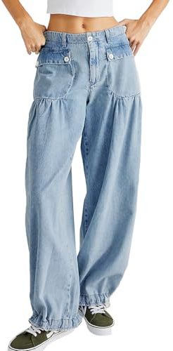 yoeasy Lotus Tube - Jeans para mujer, tiro medio, holgados, pierna ancha, con cordón, al tobillo, con bolsillos, Azul claro, X-Large