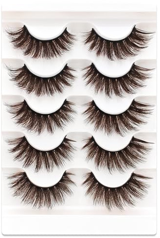 Lot de 5 paires de faux cils 3D marron œil de chat, volume moelleux, aspect naturel, réutilisables, faits à la main, faux cils de maquillage (B-12)