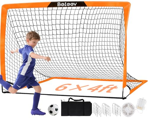BELEEV Portería Fútbol Niños Plegable, 180×120×120 cm Porterias de Futbol para Jardin con Luces Led, Barras de Fibra de Vidrio, Bolsa de Transporte, Portería Fútbol Portátil para Interior y Exterior