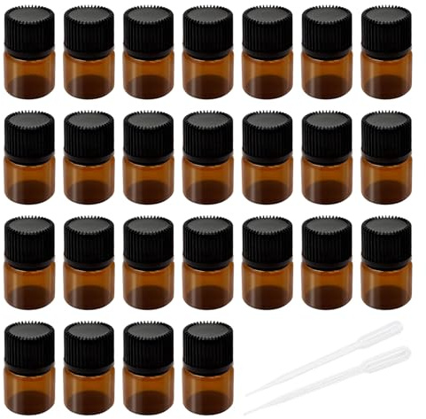 Set de 25 Botellas de Vidrio Marrón de 2 ml para Aceites Esenciales, Incluye Cuentagotas y Reductores de Orificio, Perfectas para Aromaterapia, Spa, Masaje