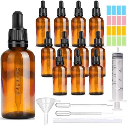 CafullCon 12 Stück Pipettenflasche 30ml, Wiederverwendbar Anti-UV Flasche mit Pipette, Braunglasflasche mit Trichter Spritze Katheter Tropfer Aufkleber, Apothekerflasche für Ätherische Öle Parfümöle