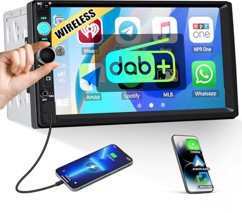 [WIRELESS] CAMECHO DAB Carplay Autoradio 2 Din 7 pollici IPS Touchscreen, Wireless Android Auto, Bluetooth Mirror Link Doppio Din Radio Auto Lettore MP5 con Radio FM EQ AUX USB +Telecamera posteriore