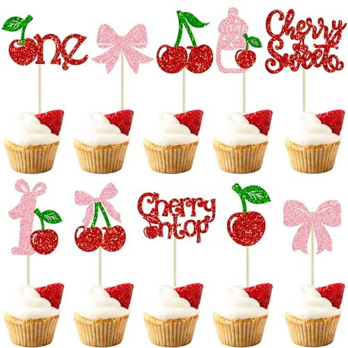 Ephlyn 30Pcs Cherry One Cupcake Toppers Glitter Pink Bow Cherry Cupcake Picks 1st Birthday Decorations for Sweet Fruit Theme Baby Shower Kids First Birthday Party Cake Decorations Supplies