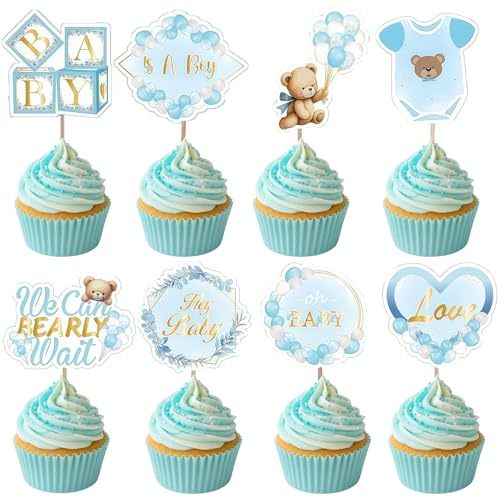 ALLY-MAGIC Cupcake Topper Babyparty, Baby Shower Cake Deko, Bär Baby Party Dekoration, Taufe Gender Reveal Party Zubehör, Kommunion Tortendeko, Muffin Deko Partydeko für Kinder E21-LSXXDGCP
