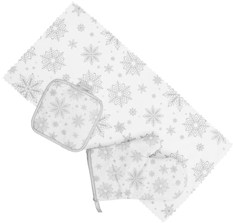 Cabilock Christmas Baking Heat-resistant Oven Mitt and Pot Holder Set, Silver Snowflake Pattern Kitchen Gloves Towel, High Temperature Resistant Cooking Gloves for Holiday Baking