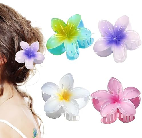 GNALIA Pinza Pelo Flor Hawaiana - 4 Unidades En Colores Blanco Púrpura, Azul Claro, Rosa Y Blanco Con Centro Amarillo, Pinzas Grandes Para Cabello Grueso Con Agarre Fuerte Y Antideslizante