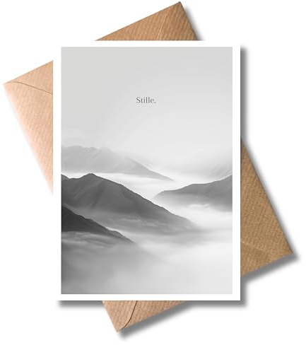 WBdesignz Trauerkarte „Stille“ mit Umschlag – Kondolenzkarte mit Bergmotiv – stilvolle Beileidskarte für Anteilnahme, Trauer & Beerdigung (DIN A6, Stille)
