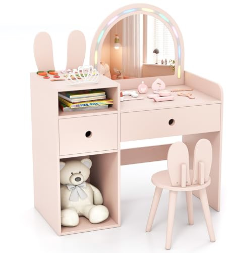 FANTASK Kinderschminktisch mit LED Beleuchtung, Frisiertisch mit Hocker & Aufbewahrung, Schminktisch Kinder mit Schubladen & Zubehör für Mädchen ab 3 Jahren, Rosa