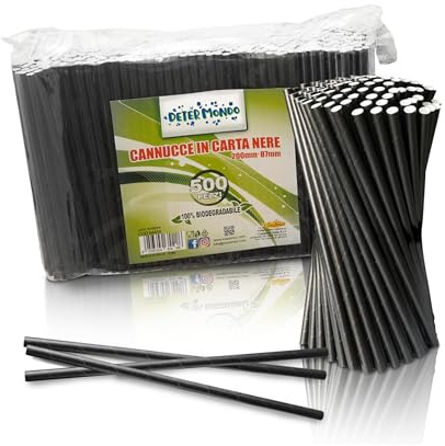 DETERMONDO 500 Cannucce Cocktail Carta Nera 20 cm x 7 mm Biodegradabili Compostabili Ecologiche per Bevande Fredde, Bar, Feste, Locali e Ristorazione