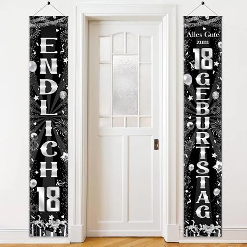 18.Geburtstag Deko Banner Mädchen Jungen - 2 Stück Alles Gute zum 18 Geburtstag Banners (180 X 30cm), Schwarz Silber Stoff Geburtstagsdeko Türbanner für 18. Mädchen Geburtstagsfeier Hintergrund