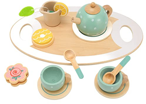 SPYMINNPOO Juego de Fiesta de té, Juego de té de Madera con Bordes Lisos, Incluye Taza y Cuchara para Niñas Pequeñas, Reuniones de la Tarde