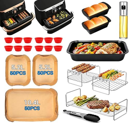 Accesorios para la freidora de aire caliente Ninja Foodi FlexDrawer Dual Zone AF500EU de 10,4 L rejilla de acero inoxidable #304, papel de horno, accesorios para COSORI Dual Blaze TwinFry de 10L