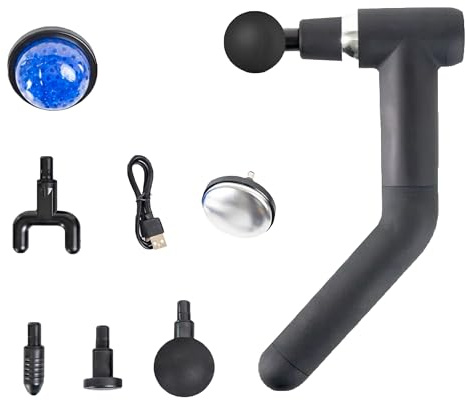 Curved Handle Massage Gun with Heat & Cold Therapy, Deep Tissue Percussion Massager, 6 Speed Levels, 6 Massage Heads, 3500RPM Muscle Recovery Gun for Back Neck Shoulder Pain Relief & Fitness