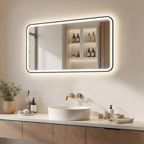 ARTFORMA Badrumsspegel LED Rektangulär 120x70 cm - Svart Matt | Spegel med Belysning | Dual LED | Anti-Imma | Touchbrytare | Väggspegel | IP44
