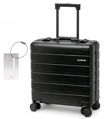 ALUMAXX 45293 Businesstrolley Gravity, Reisekoffer mit Overnight Fach, Fächermappe, TSA Schloss, Aluminium Trolley mit 4 Rollen, Koffer 44 x 42 x 22,5 cm, schwarz + ALASSIO Aluminium Kofferanhänger