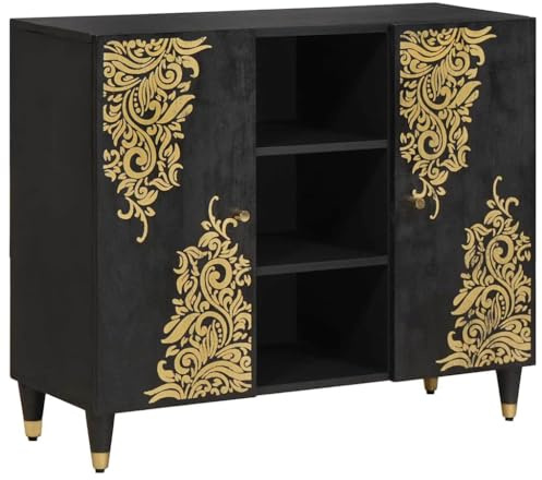 Mangloder skänk med hylla svart av massivt mangoträ 90 x 33 x 75 cm med mässingsknappar, guldfärgad skärmtryck, 2 dörrar och förvaringsutrymme för vardagsrum, hemmabio och modern inredning