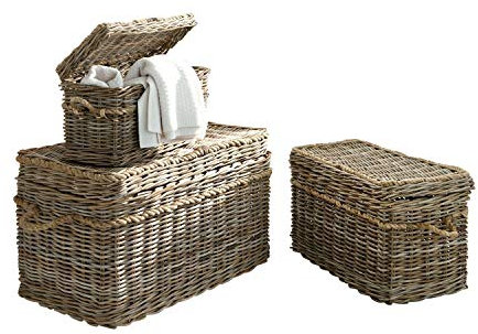 Loberon Truhen 3er Set Beckley, DREI Größen, Handgeflochten, Korbtruhen mit Klappbaren Deckel, Passen Exakt Ineinander, Aufbewahrung, Ordnungshelfer, Rattan, braun
