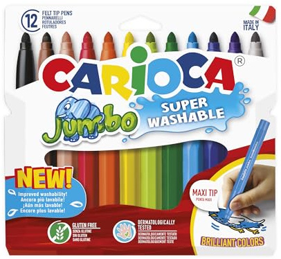 CARIOCA Pennarelli Jumbo Paperboard Wallet, Pennarelli Colorati per Bambini con Punta Maxi, Ideali per Disegnare e Colorare, Super Lavabili, Colori Assortiti, 12 Pezzi