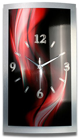 Kreative Feder 3D Designer-Wanduhr in modernem Metallic-Design; leise Wanduhr wahlweise Funk oder Quarz mit glänzendem Motiv in Zwei Größen (Black & Red, 50x30cm; leises Funkuhrwerk)