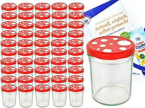MamboCat Einmachgläser 50er Set Marmeladenglas Sturzglas + Deckel I robuste Einweckgläser 435ml + Twist Off Deckel Ø 82mm rot weiß gepunktet I Klarglas Rund Glas & Diamant Gelierzauber Rezeptheft