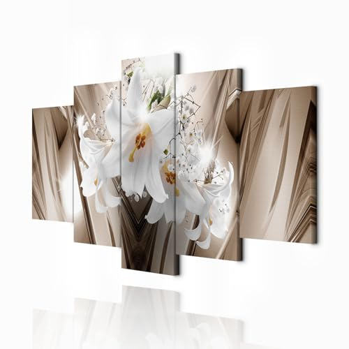 decomonkey Bilder Blumen Lilien 200x100 cm XXL 5 Teilig Leinwandbilder Bild auf Leinwand Wandbild Kunstdruck Wanddeko Wand Wohnzimmer Wanddekoration Deko Abstrakt braun weiß