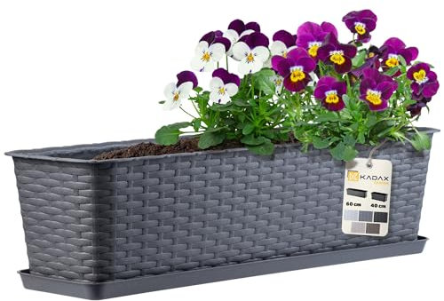 KADAX Blumenkasten 60 cm Grafit mit Untersetzer, Rattan-Optik – Pflanzkübel für Balkon oder Terrasse, wetterfester Balkonkasten