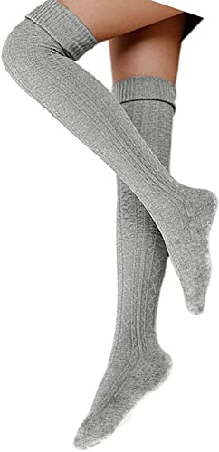 FGFD&OU Calze da Donna Sopra il Ginocchio Calzini Cotone Invernali Termici Lunghe Calzettoni a Maglia Calze di Coscia Retro per Ragazze e Donne (Grigio chiaro)